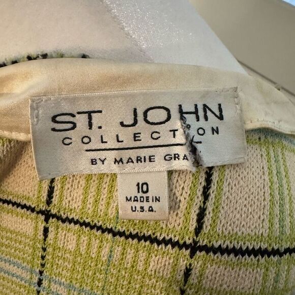 St. John Collection Size 10 Boucle Tweed Zip Up Jacket Green Fringe Plaid Preppy - Picture 6 of 10